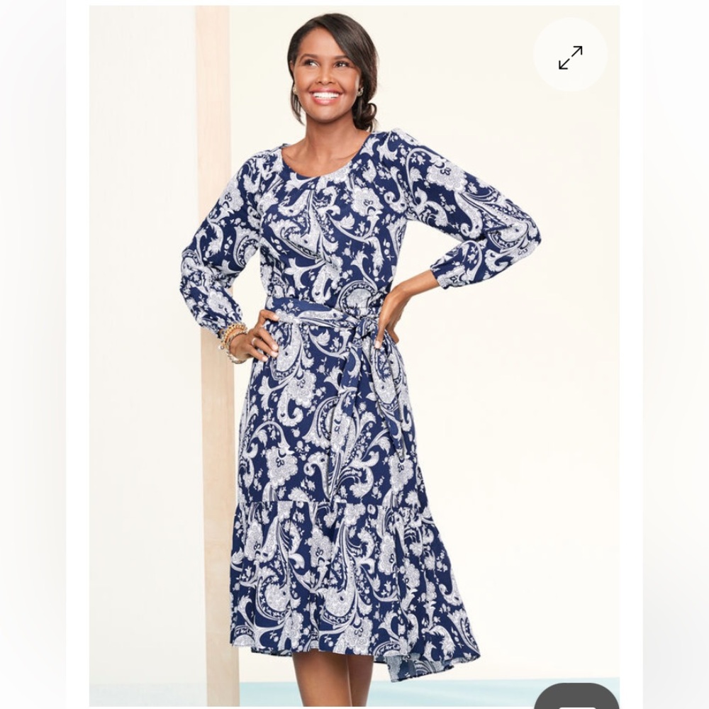 NWT Talbots FLOUNCE HEM MIDI DRESS Pretty Navy‎ White Paisley Petite Large New